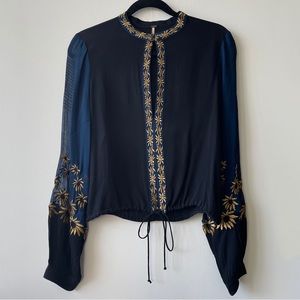 FREE PEOPLE Floral Embroidered Blouse Black Navy Gold Size S (like new)